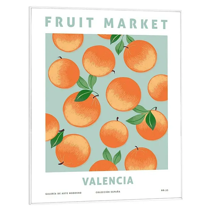 Reinders Bild Slim Frame White - Valencia Oranges, B x H: 40 x 50 cm - Das "Fruit Market Valencia"-Poster zeigt ein Muster aus leuchtend orangefarbenen Orangen mit grünen Blättern auf hellblauem Hintergrund. Ein dekoratives Wandbild.