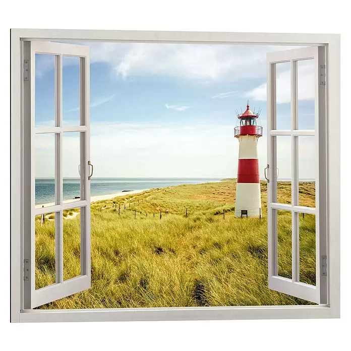 Reinders Decopanel - Lighthouse View, B x H: 50 x 40 cm - Weißer geöffneter Fensterrahmen mit Blick auf Leuchtturm, Strand und Meer.
