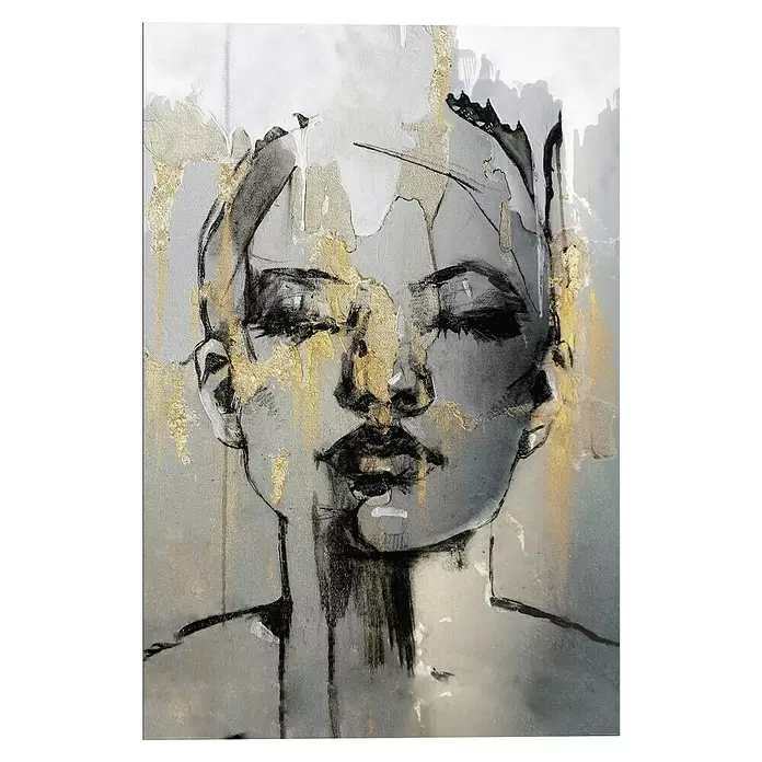 Reinders Decopanel - Golden Face, B x H: 60 x 90 cm - Abstraktes Gemälde eines Frauengesichts mit geschlossenen Augen, schwarzen Strichen und goldglänzenden Akzenten.
