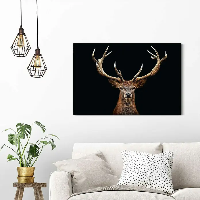 Reinders Decopanel - Deer Portrait, B x H: 90 x 60 cm - Wandbild mit einem majestätischen Hirsch auf schwarzem Hintergrund, ein Blickfang für jedes Wohnzimmer.