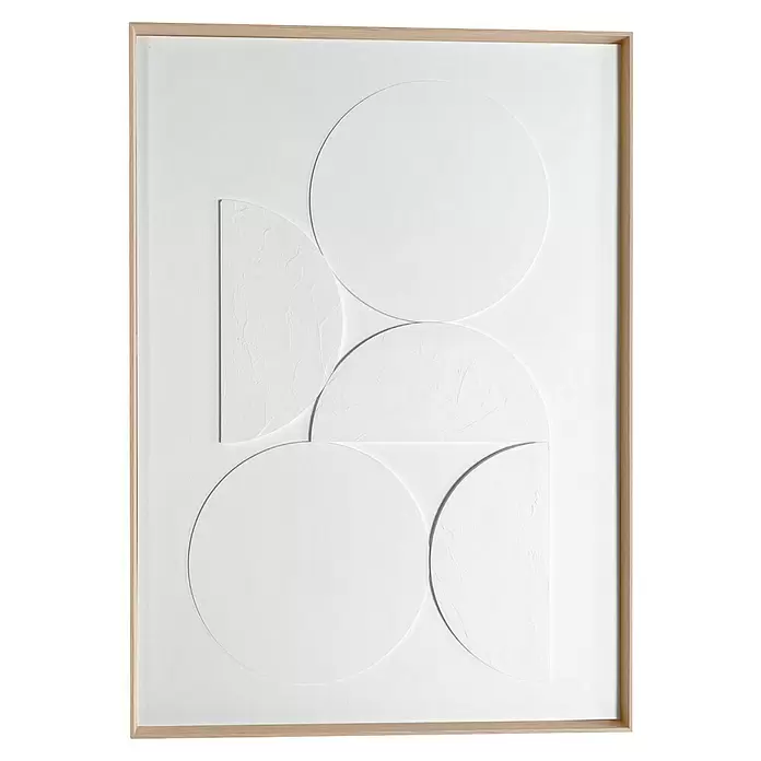 Reinders Bild Relief Art Wood - Planets, B x H: 50 x 70 cm - Weißes geometrisches Reliefkunstwerk mit strukturierten und glatten Kreisen und Halbkreisen in hellem Holzrahmen.