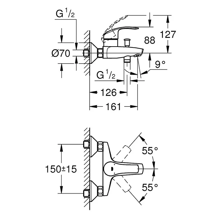 Grohe Eurosmart Badewannenarmatur - Chrom, Glänzend - Technische Zeichnung einer Wandarmatur mit Maßangaben für Installation und Design.