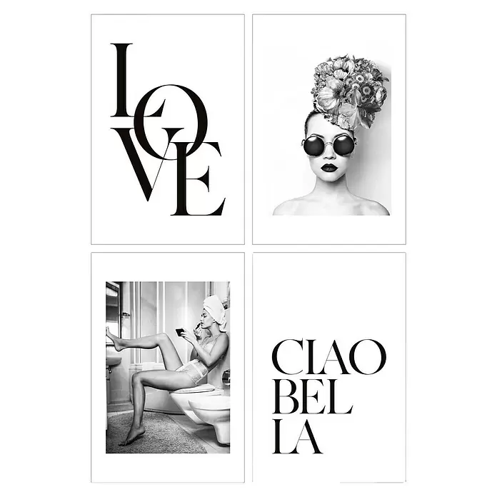 Reinders Poster Art Print - Ciao, B x H: 20 x 30 cm, 4 -tlg. - Vier schwarz-weiße Mode- und Lifestyle-Kunstdrucke mit Text und Figuren.