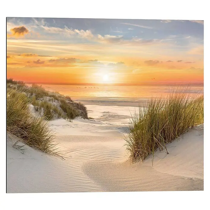 Reinders Decopanel - Beautiful Dunes, B x H: 50 x 40 cm - Sonnenuntergang am Strand mit Sanddünen, Gräsern und warmem Licht. Die friedliche Szene vermittelt Ruhe und Naturschönheit.