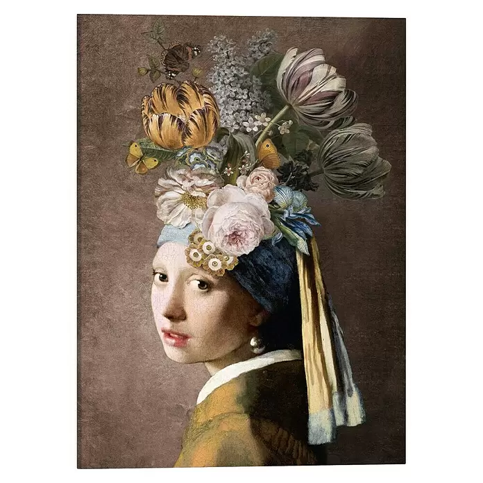 Reinders Leinwandbild Giclee on Canvas - Vermeer - Pearl Girl Flower, B x H: 50 x 70 cm - Porträt eines Mädchens, das dem 'Mädchen mit dem Perlenohrring' ähnelt, geschmückt mit einem großen, kunstvollen Kopfschmuck aus bunten Blumen und Schmetterlingen.