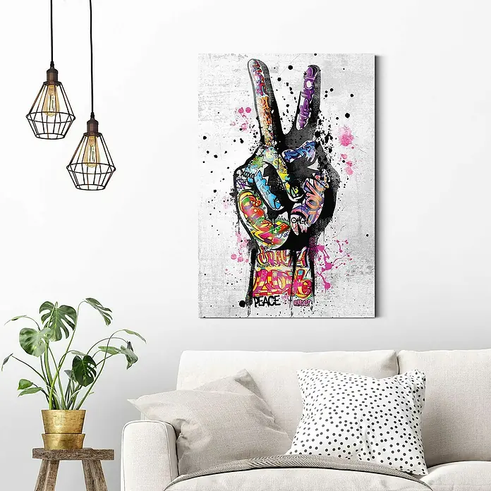 Reinders Decopanel - Peace, B x H: 60 x 90 cm - Ein Wandbild mit einem Peace-Zeichen, das mit Graffiti und Farbspritzern verziert ist, verleiht jedem Raum eine künstlerische Note.