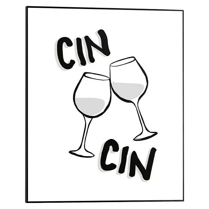 Reinders Bild Slim Frame Black - Cin Cin, B x H: 40 x 50 cm - Schwarz-weiße Illustration von zwei anstoßenden Weingläsern mit „CIN CIN“-Text.