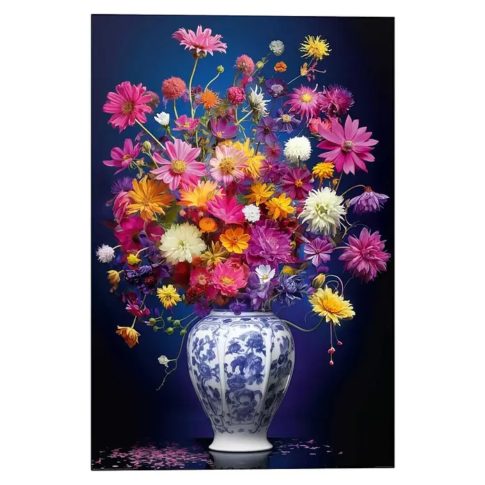 Reinders Decopanel - Delft Flowers, B x H: 60 x 90 cm - Ein lebendiger, bunter Blumenstrauß in einer blau-weiß gemusterten Keramikvase vor dunklem blauem Hintergrund.