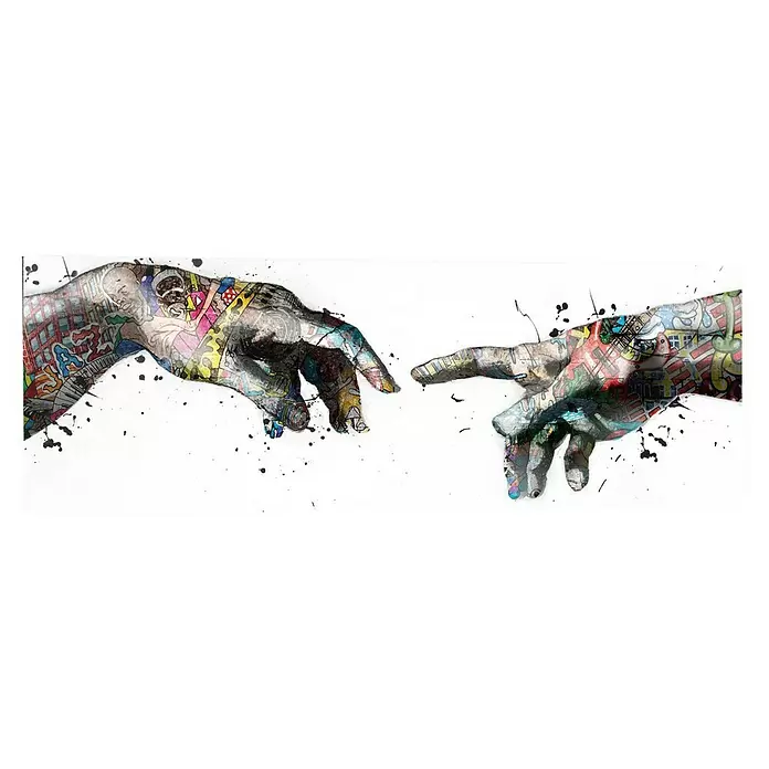 Reinders Decopanel - Creation Art, B x H: 90 x 30 cm - Farbig gemusterte Hände im Street-Art-Stil, die sich mit schwarzen Farbspritzern entgegenstrecken.