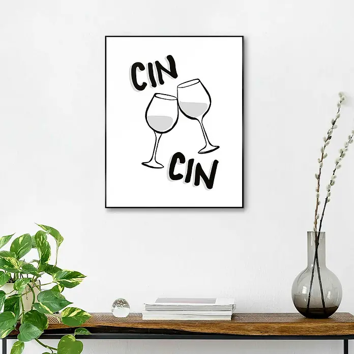 Reinders Bild Slim Frame Black - Cin Cin, B x H: 40 x 50 cm - Schwarzer Rahmen mit dem Aufdruck "Cin Cin" und zwei Sektgläsern, die auf einem hellen Hintergrund anstoßen, für ein elegantes Ambiente.