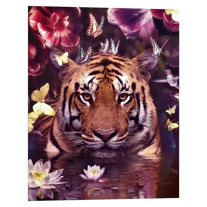 Reinders Decopanel - Floral Tiger, B x H: 40 x 50 cm - Tigerkopf taucht aus dem Wasser auf, umgeben von bunten Blumen, Schmetterlingen und Kolibris.