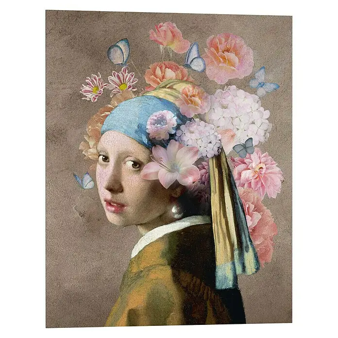 Reinders Decopanel - Colour Pearl Girl, B x H: 40 x 50 cm - Detailreiches Gemälde mit einem Mädchen mit einem Kopftuch, geschmückt mit Blumen und Schmetterlingen, das an alte Meister erinnert.