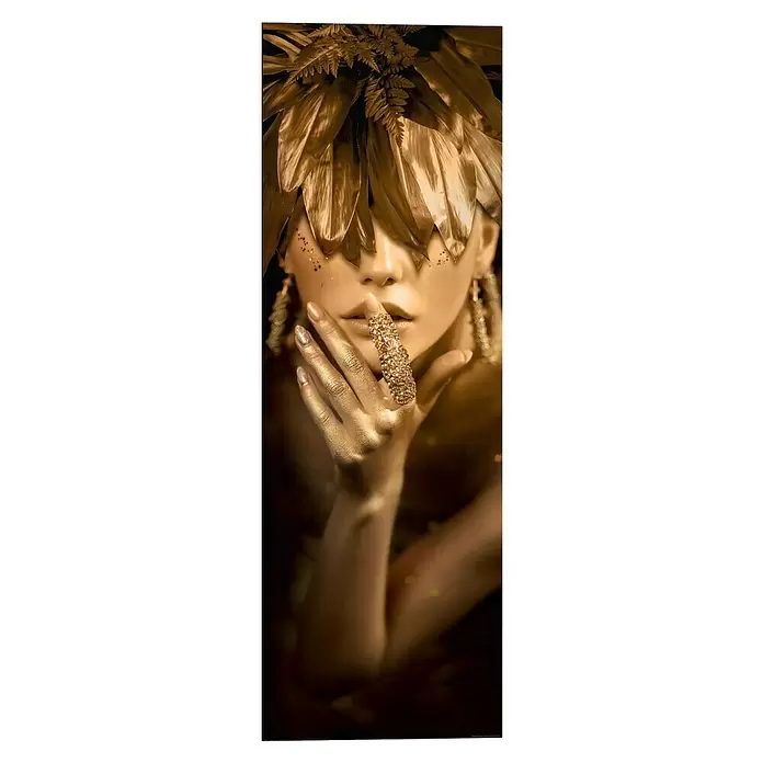 Reinders Decopanel - Golden Lady, B x H: 30 x 90 cm - Frau mit goldener Körperfarbe und metallischem Blattschmuck, ein großer goldener, juwelenbesetzter Ring am Finger berührt ihre Lippen.