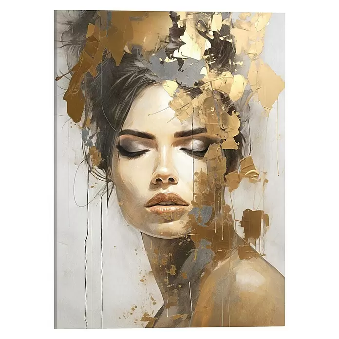 Reinders Leinwandbild Giclee on Canvas - Chique Gold, B x H: 50 x 70 cm - Künstlerisches Gemälde einer Frau mit geschlossenen Augen, verziert mit abstrakten Gold- und Grau-Farbstrukturen und Tropfen.