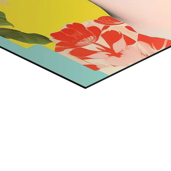 Reinders Decopanel - Frida Pop, B x H: 60 x 90 cm - Nahaufnahme eines Kunstwerks mit roten Blumen, gelben und türkisfarbenen Flächen, das eine moderne und lebhafte Ästhetik präsentiert.