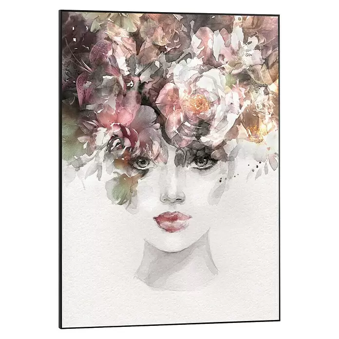 Reinders Bild Slim Frame Black - Aquarel Beauty, B x H: 50 x 70 cm - Abstraktes Aquarellporträt einer Frau mit farbenfrohen Blumen, die ihren Kopf umrahmen.