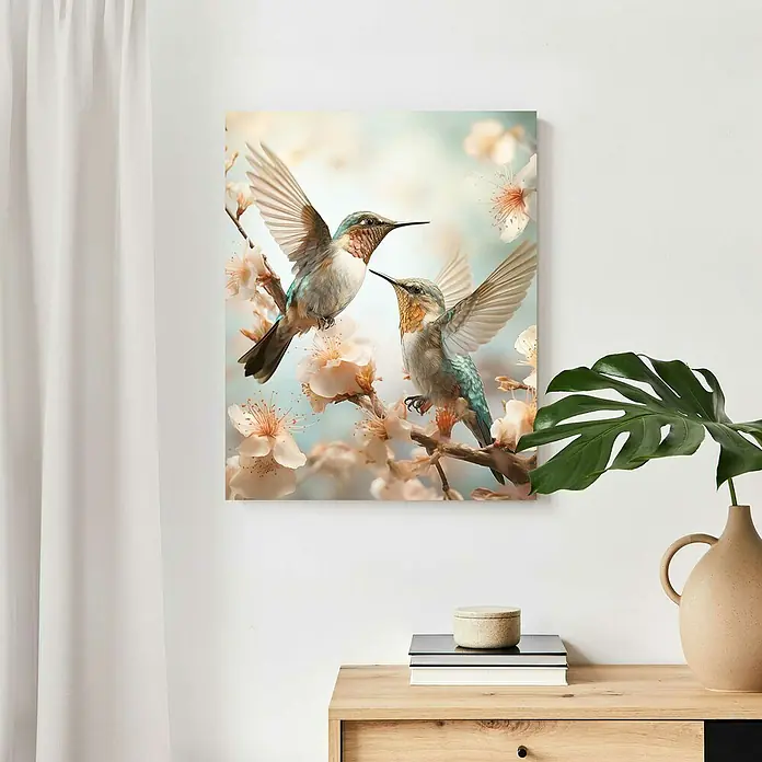 Reinders Decopanel - Spring Birds, B x H: 40 x 50 cm - Dieses Gemälde zeigt zwei Kolibris zwischen rosa Blüten, die dem Raum eine ruhige und naturverbundene Atmosphäre verleihen. Perfekt für Wohnzimmer.