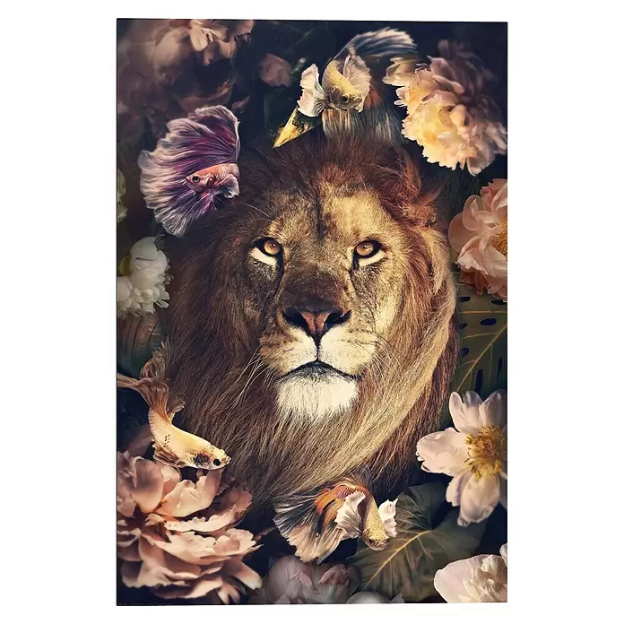 Reinders Decopanel - Jungle Lion, B x H: 60 x 90 cm - Majestätischer Löwenkopf mit goldenen Augen, umgeben von bunten Blumen und exotischen Kampffischen.