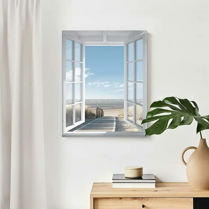 Reinders Decopanel - Northsea Window, B x H: 40 x 50 cm - Wandbild mit einer Fensterillusion, das einen sonnigen Strandweg zeigt, der eine entspannende und friedliche Raumatmosphäre schafft.