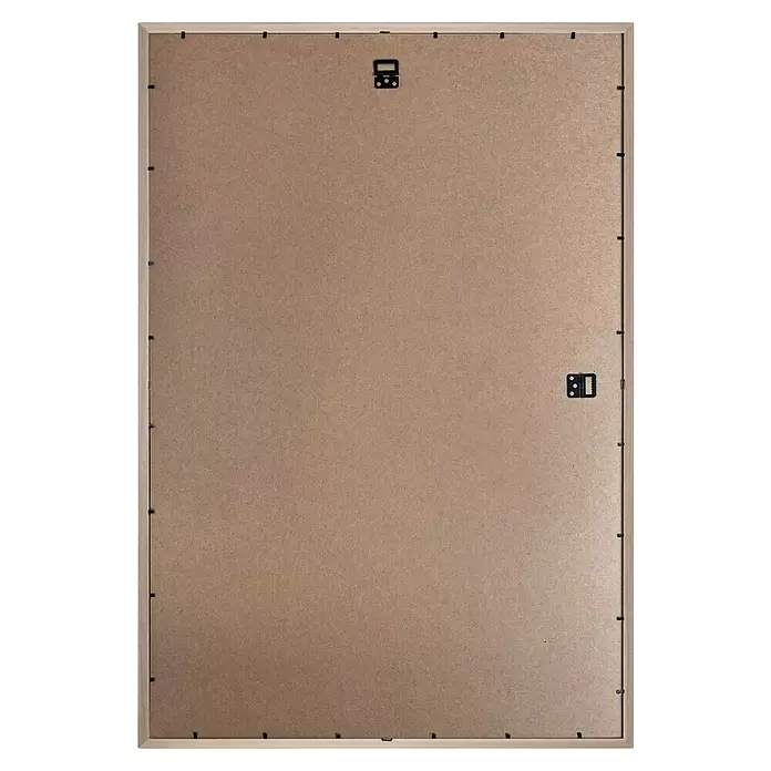 Reinders Kunststoffrahmen Eco Maxi - Wood, Bildformat: 61 x 91,5 cm - Rückseite eines hellen Holzbilderrahmen mit brauner MDF-Rückwand und schwarzen Metallklammern, mit zwei Aufhängern für Hoch- und Querformat.