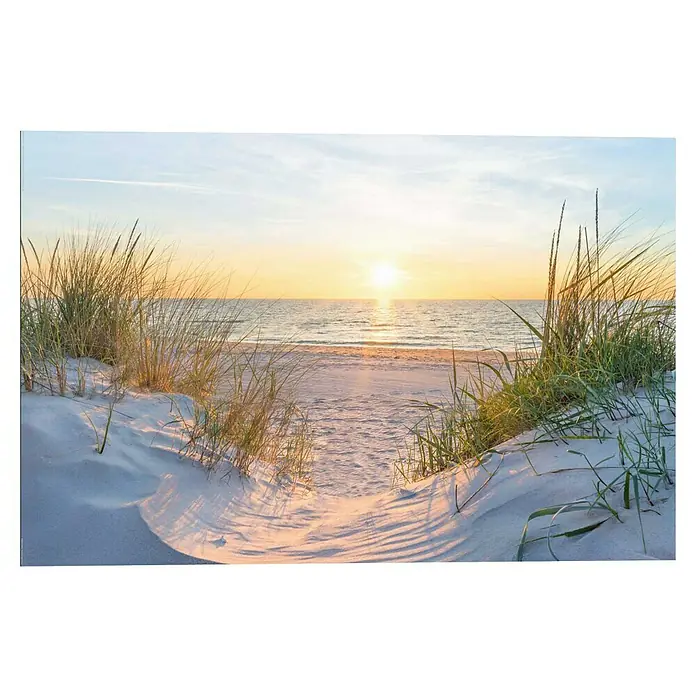 Reinders Decopanel - Golden Hour, B x H: 90 x 60 cm - Eine malerische Strandszene mit Sanddünen und Gräsern im goldenen Licht des Sonnenuntergangs, die eine friedliche und idyllische Atmosphäre schafft.