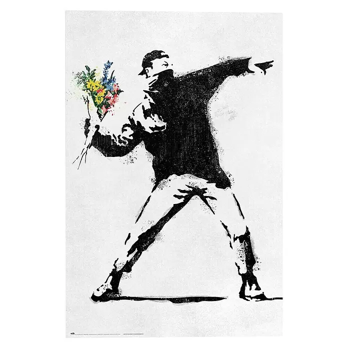 Reinders Decopanel - Banksy - Flower Bomber, B x H: 60 x 90 cm - Banksy-Schablonenkunst: Eine maskierte Figur in Schwarz-Weiß wirft einen farbenfrohen Blumenstrauß.