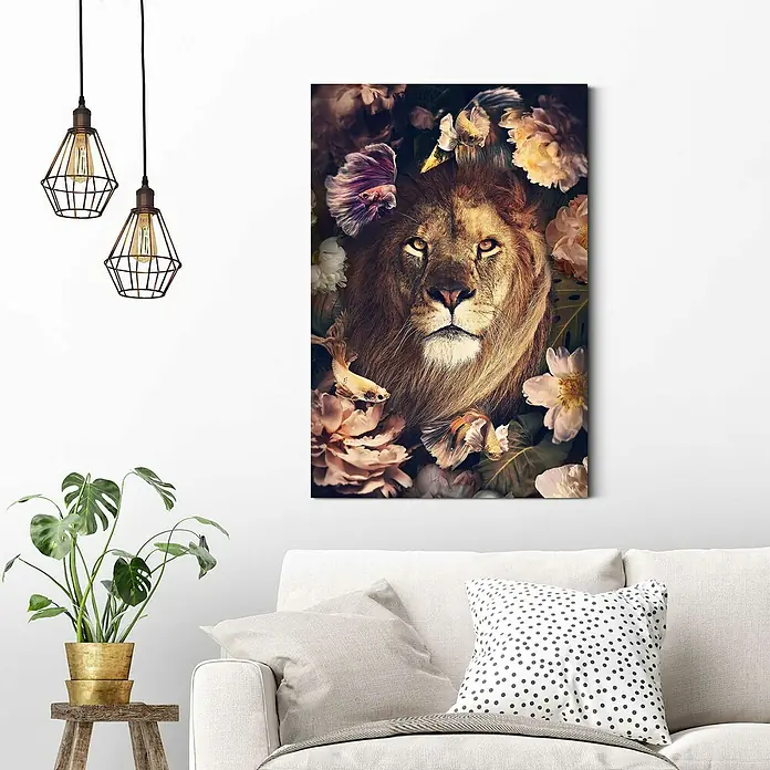 Reinders Decopanel - Jungle Lion, B x H: 60 x 90 cm - Wandkunst: Ein fesselndes Gemälde eines Löwen, umgeben von Blumen, für einen Hauch von Wildnis und Eleganz in Ihrem Zuhause.