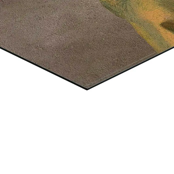 Reinders Decopanel - Colour Pearl Girl, B x H: 40 x 50 cm - Ein braunes Brett liegt auf einer dunklen Oberfläche, mit einem Teil eines vergilbten Bildes sichtbar.