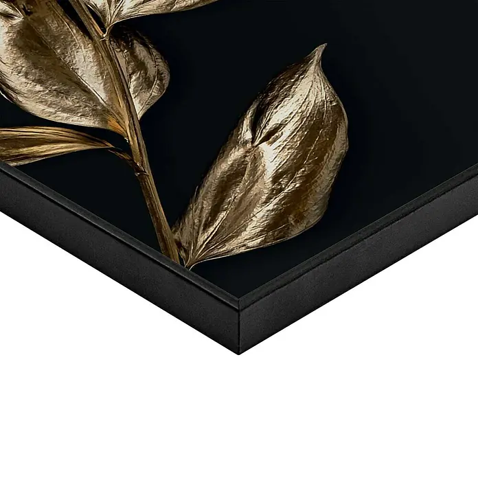 Reinders Bild Slim Frame Black - Little Leafs, B x H: 20 x 30 cm - Eine Nahaufnahme eines gerahmten Kunstwerks mit goldenen Blättern auf einem dunklen Hintergrund, das die elegante Ästhetik hervorhebt.