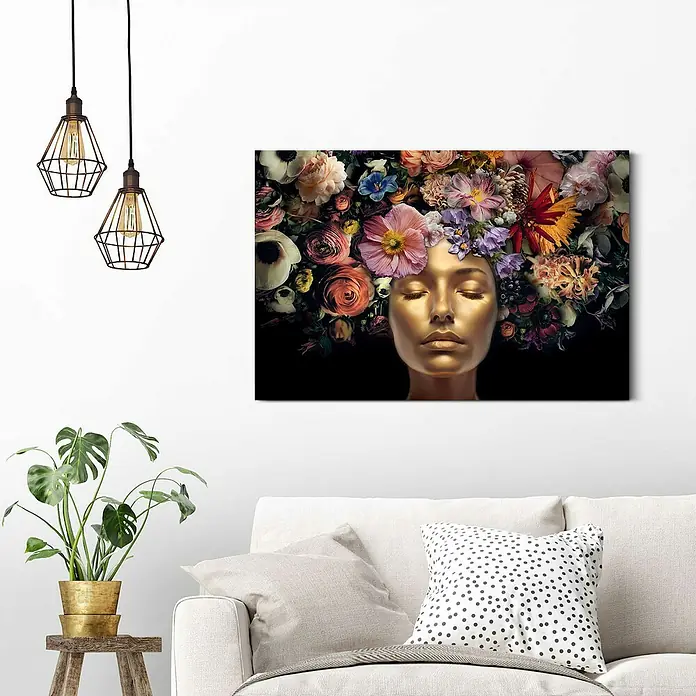 Reinders DecopanelSerene Golden, B x H: 90 x 60 cm - Wandbild mit goldenem Frauenkopf und floraler Kopfbedeckung, stilvolle Dekoration für Wohnräume.