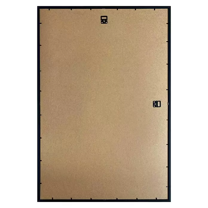 Reinders Kunststoffrahmen Eco Maxi - Black, Bildformat: 61 x 91,5 cm - Rückseite eines schwarzen Bilderrahmens mit brauner Faserplattenrückwand und zwei Aufhänghaken.