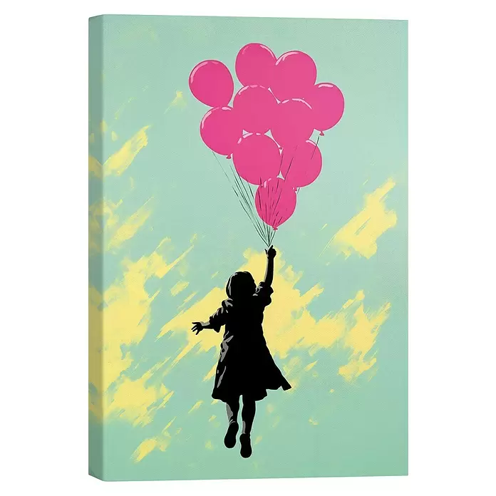 Reinders Leinwandbild Giclee on Canvas - Balloons Up, B x H: 20 x 30 cm - Leinwandbild: Silhouette eines Mädchens schwebt mit pinkfarbenen Ballons vor strukturiertem hellblau-gelbem Hintergrund.