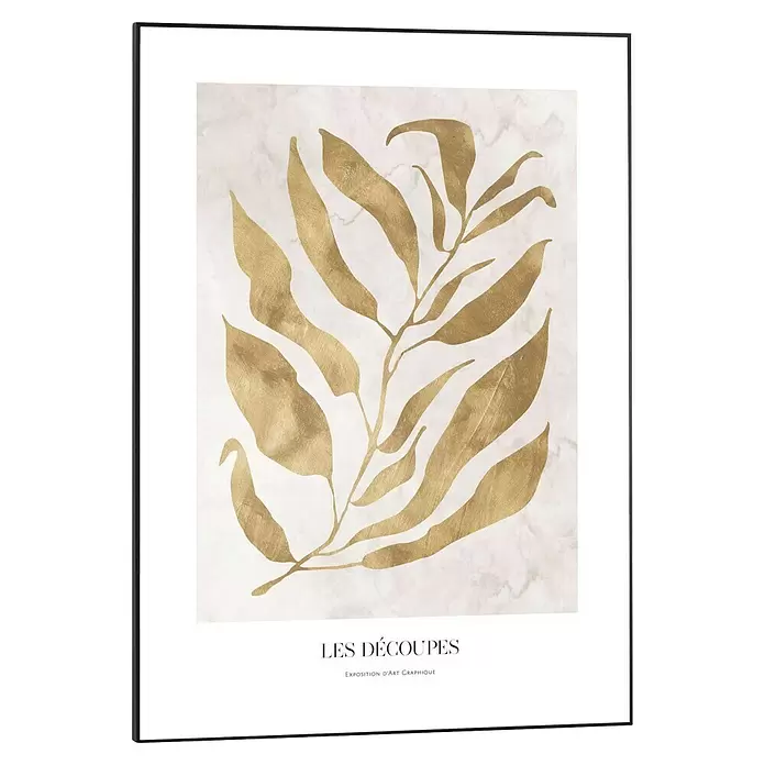 Reinders Bild Slim Frame Black - Golden Branch, B x H: 50 x 70 cm - Schwarz gerahmtes Poster mit goldenem botanischem Druck auf marmorähnlichem Hintergrund. Text: „LES DÉCOUPES“.
