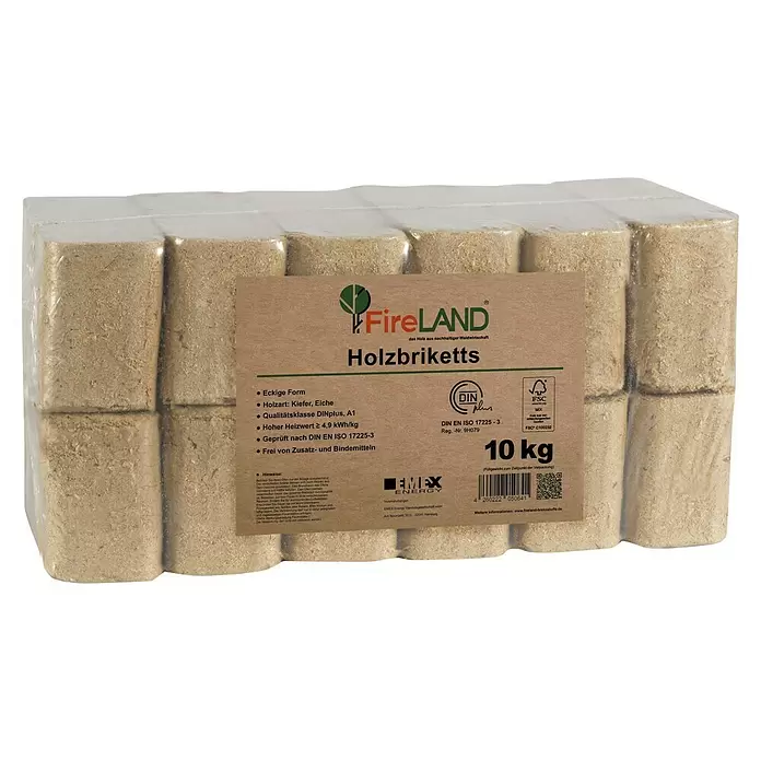 Fireland Holzbriketts RUF - 10 kg, Kiefer und Eiche - Paket rechteckiger Holzbriketts aus Kiefer und Eiche, in transparenter Folie mit braunem Etikett.