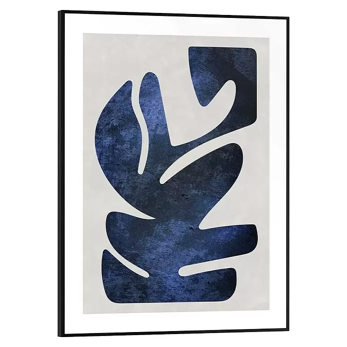 Reinders Bild Slim Frame Black - Resemblance Blue, B x H: 30 x 40 cm - Abstraktes Kunstplakat mit dunkelblauen Formen auf hellem Grund, in schwarzem Rahmen.