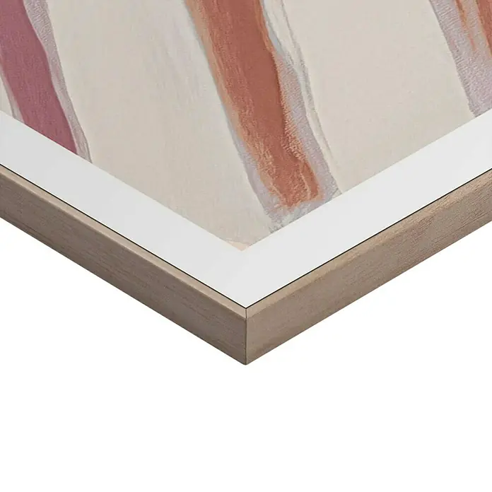 Reinders Bild Slim Frame Wood - Striped Figure, B x H: 50 x 70 cm - Detailaufnahme eines gerahmten Kunstwerks mit abstrakten rosa und weißen Streifen, ideal für eine moderne Wanddekoration.