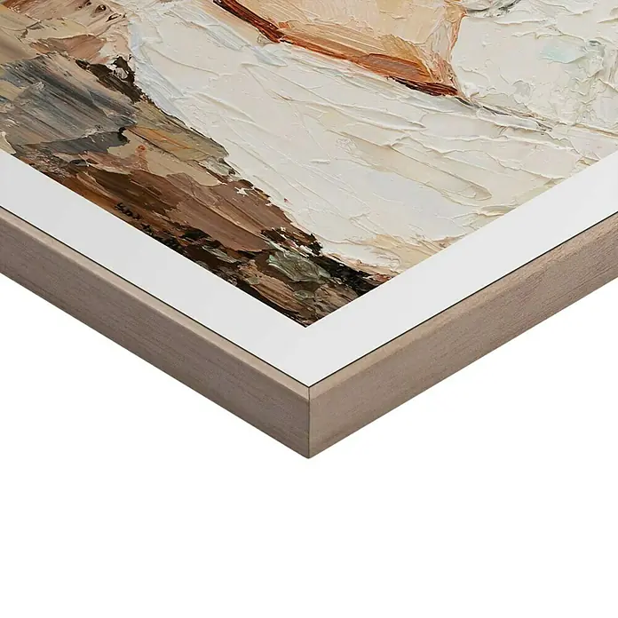Reinders Bild Slim Frame Wood - Waking Up, B x H: 40 x 50 cm - Detailaufnahme eines gerahmten Kunstwerks. Das Gemälde zeigt abstrakte Pinselstriche in Braun- und Weißtönen, perfekt gerahmt.