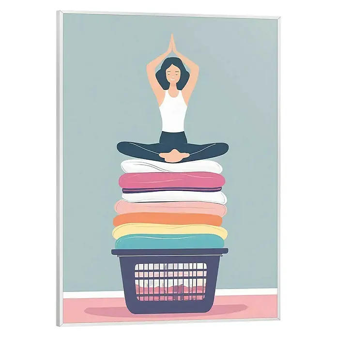 Reinders Bild Slim Frame White - Zen Wash, B x H: 30 x 40 cm - Ein gerahmtes Bild mit einer Frau in Yoga-Pose auf einem Wäscheberg, der in einem Korb steht.