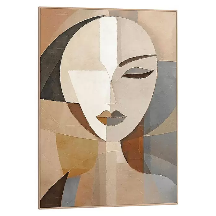 Reinders Bild Slim Frame Wood - Natural Essence, B x H: 50 x 70 cm - Abstraktes kubistisches Gemälde eines Frauengesichts in Erdtönen mit strukturierten Pinselstrichen.
