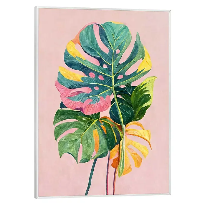Reinders Bild Slim Frame White - Colourful Leafs, B x H: 30 x 40 cm - Das Leinwandbild zeigt bunte Monstera-Blätter auf einem zarten rosa Hintergrund, ein fröhlicher Blickfang für jeden Raum.
