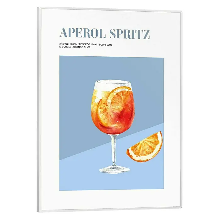 Reinders Bild Slim Frame White - Aperol, B x H: 30 x 40 cm - Ein stilvolles Bild eines Aperol Spritz Rezepts, ideal für die Dekoration von Küche oder Bar, das eine sommerliche Atmosphäre verbreitet.