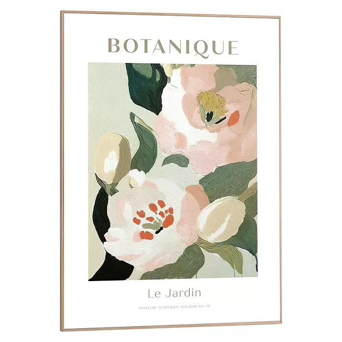 Reinders Bild Slim Frame Wood - Botanique, B x H: 50 x 70 cm - Botanique Poster mit abstraktem pink-weißem Blumenmotiv, dunkelgrünen Blättern und orangefarbenen Akzenten in goldenem Rahmen.