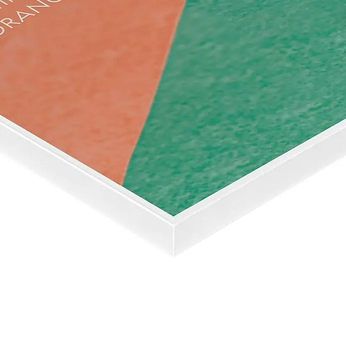 Reinders Bild Slim Frame White - Aperol Time, B x H: 40 x 50 cm - Nahaufnahme eines gerahmten Kunstwerks mit orangefarbenen und grünen Farbtönen, das in einem schlichten, weißen Rahmen präsentiert wird.