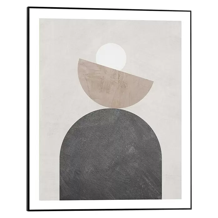 Reinders Bild Slim Frame Black - Balancing, B x H: 40 x 50 cm - Schwarz gerahmte abstrakte Kunst mit texturiertem weißem Kreis, beiger Kurve und dunkelgrauem Bogen auf hellem Grund.