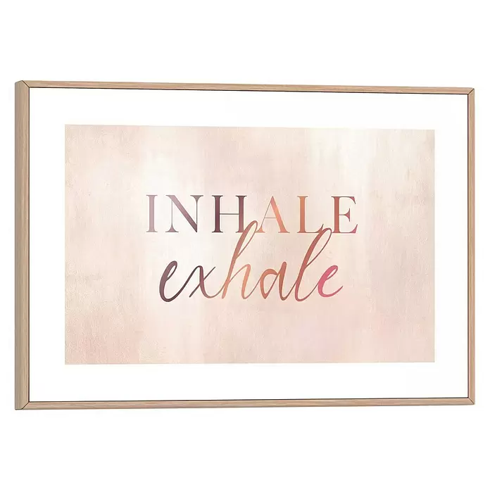 Reinders Bild Slim Frame Wood - Inhale Exhale, B x H: 30 x 20 cm - Holzgerahmter Druck mit "INHALE exhale" Text auf rosa Aquarellhintergrund.