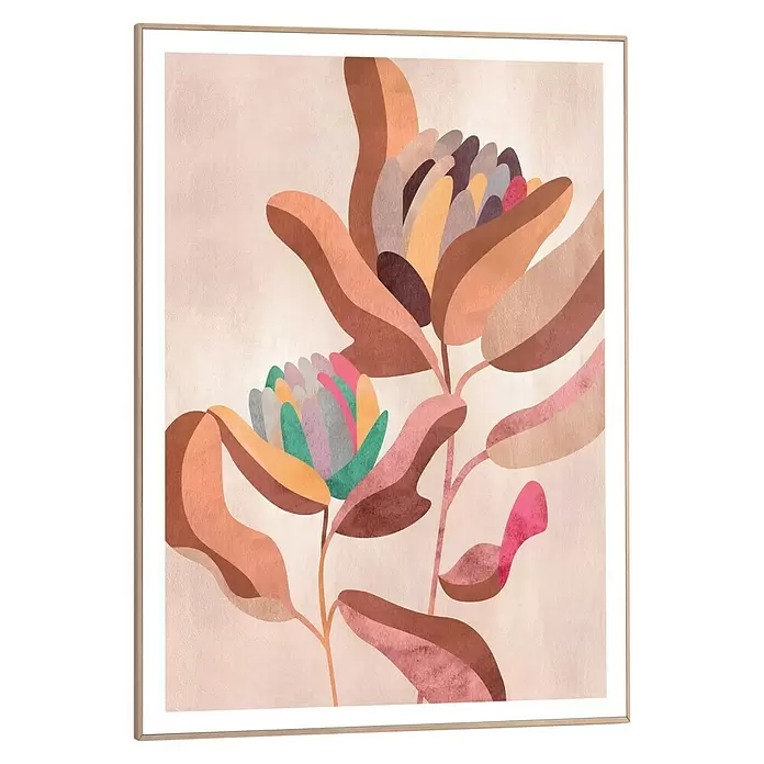Reinders Bild Slim Frame Wood - Earth Flowers, B x H: 50 x 70 cm - Abstraktes Blumenkunstdruck in warmen Erdtönen mit farbigen Akzenten, in hellem Holz gerahmt.