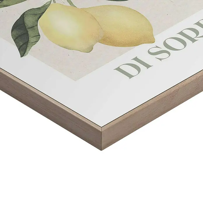 Reinders Bild Slim Frame Wood - Limoni, B x H: 40 x 50 cm - Nahaufnahme eines gerahmten Zitronenbildes, das die Textur des Rahmens und die Details der Zitronenillustration hervorhebt.