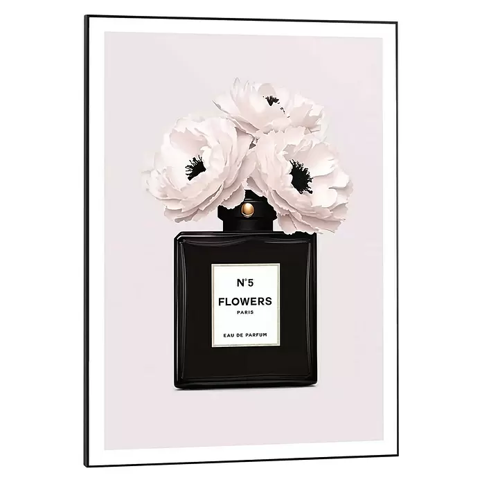 Reinders Bild Slim Frame Black - Beauty Bottle, B x H: 50 x 70 cm - Schwarzer N°5 Parfümflakon mit weißen Blumen und goldenem Akzent.