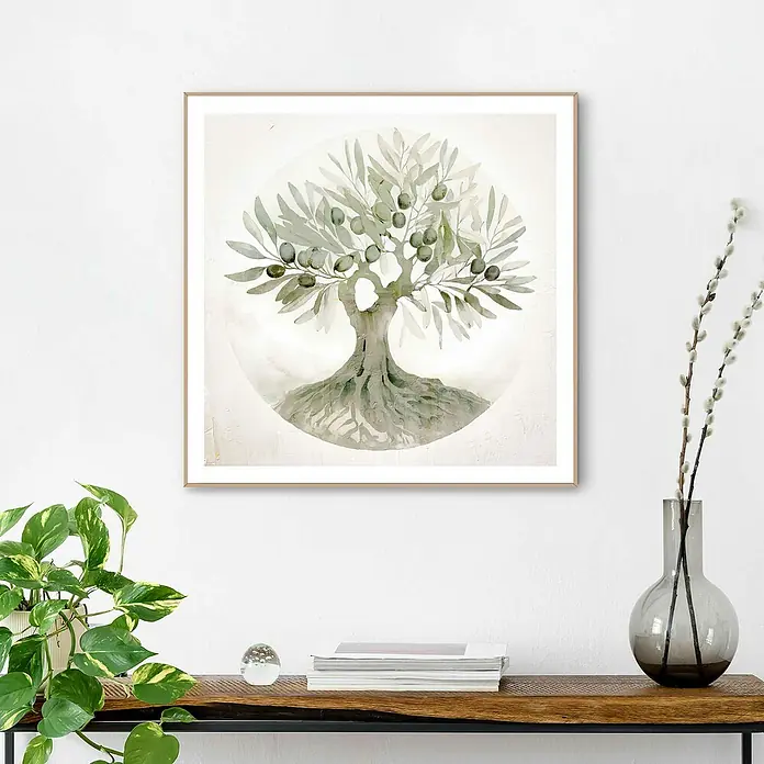 Reinders Bild Slim Frame Wood - Tree of Life, B x H: 50 x 50 cm - Ein gerahmtes Olivenbaum-Gemälde mit einem erdigen Farbschema hängt an einer weißen Wand über einem Holztisch mit Dekorationen.
