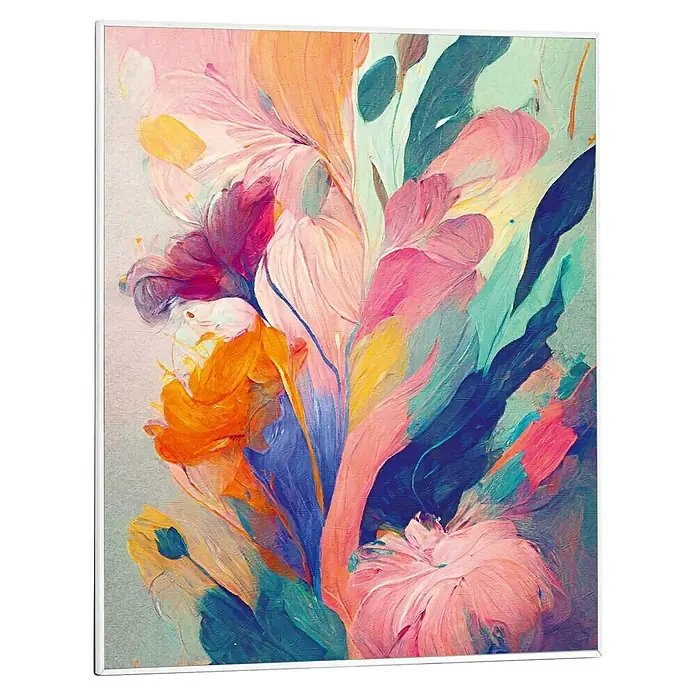 Reinders Bild Slim Frame White - Dreamy Flowers, B x H: 40 x 50 cm - Farbenfrohes Gemälde mit floralen Motiven in Rosa, Orange und Blau, ideal für die Dekoration Ihres Zuhauses.